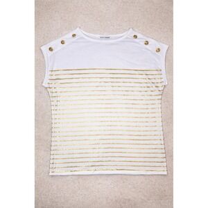 Emily Daniels White Gold Stripe Top Women's Small Nautical Button Shoulder Shirt